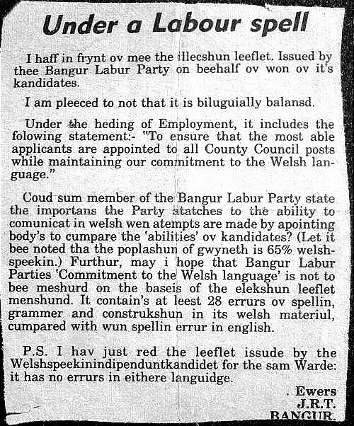 Newspaper cutting Newspaper cutting in deliberately misspelt English, complaining about poor Welsh translations