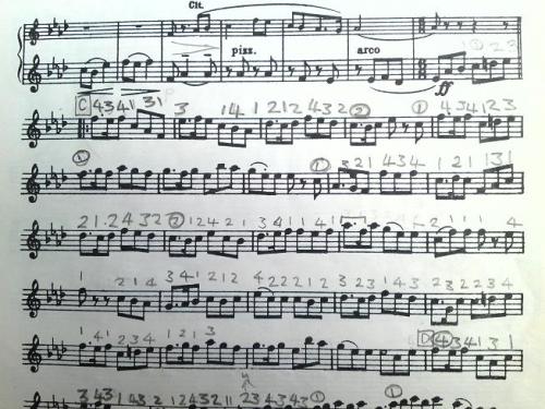 Please don't ever do this. Part of a page of violin music, with fingerings written over virtually every note