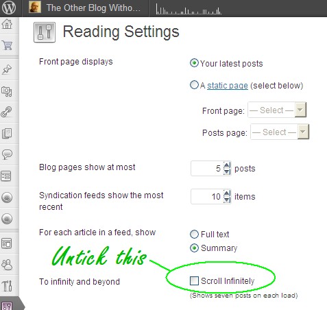 infscroll-checkbox screenshot: location of the checkbox on the reading settings page